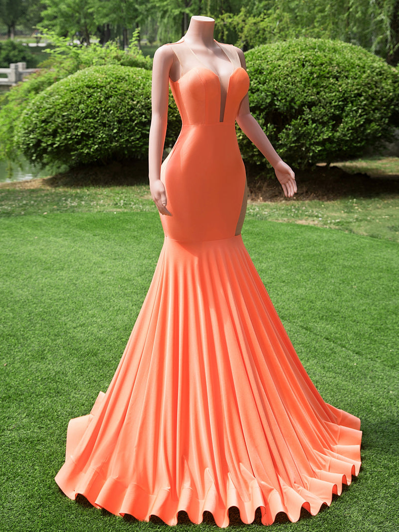 Orange Long Mermaid Sweetheart Satin Tulle Backless Prom Dresses-showprettydress