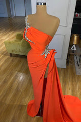 Orange Long One shoulder Satin Silver Sequined Prom Dress with Slit-showprettydress