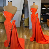 Orange Long One shoulder Satin Silver Sequined Prom Dress with Slit-showprettydress