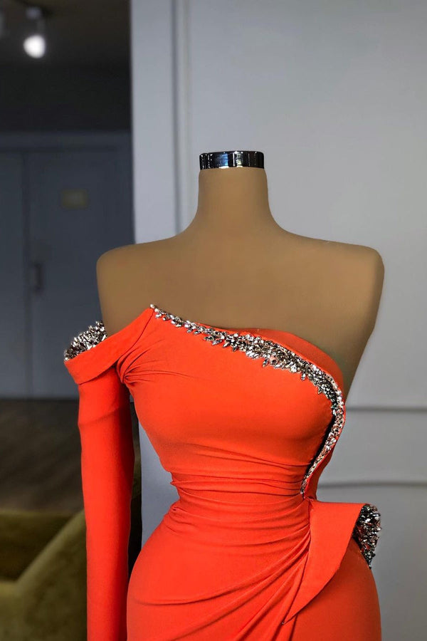 Orange Long Sleeves Strapless Satin Prom Dresses Long Formal Evening Dresses-showprettydress