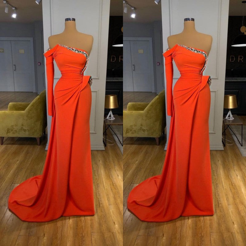 Orange Long Sleeves Strapless Satin Prom Dresses Long Formal Evening Dresses-showprettydress