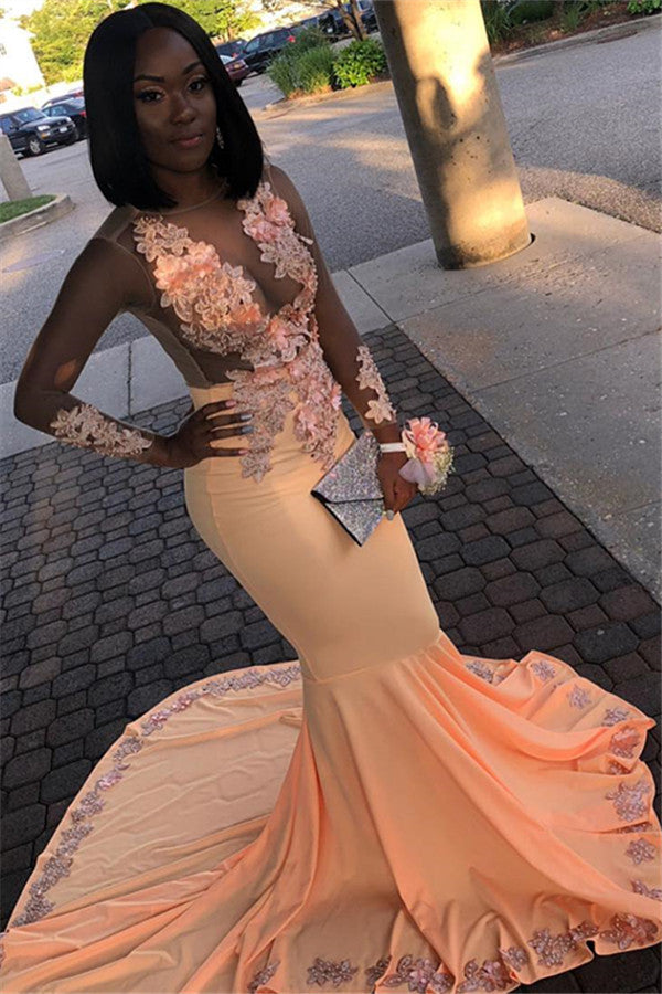 Orange Sheer Tulle Flower Appliques Long-Sleeves Mermaid Prom Dresses-showprettydress