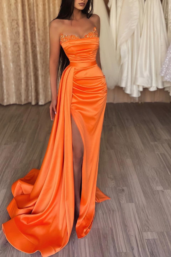 Orange Sweetheart Mermaid Prom Dress Long Slit Ruffles With Sequins-showprettydress