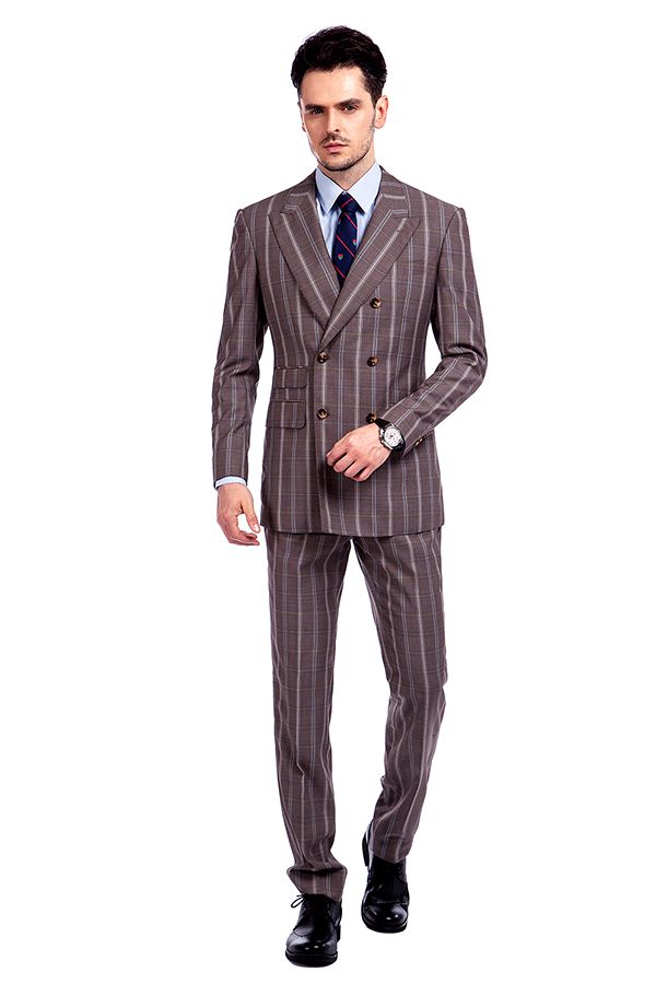 Peak Lapel Plaid Double Breasted Premium Mens Suits with Flap Pocket-showprettydress