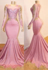 Pink Appliques Long Sleevess Prom Dresses New Arrival Gorgeous Mermaid Evening Gowns-showprettydress