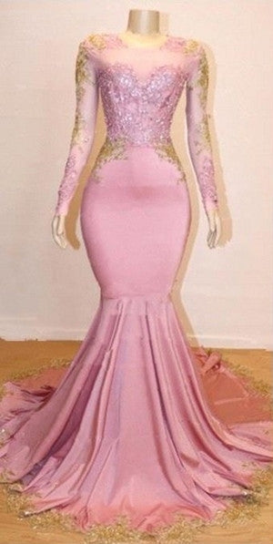 Pink Appliques Long Sleevess Prom Dresses New Arrival Gorgeous Mermaid Evening Gowns-showprettydress