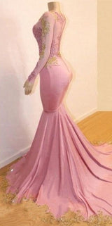 Pink Appliques Long Sleevess Prom Dresses New Arrival Gorgeous Mermaid Evening Gowns-showprettydress