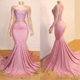 Pink Appliques Long Sleevess Prom Dresses New Arrival Gorgeous Mermaid Evening Gowns-showprettydress