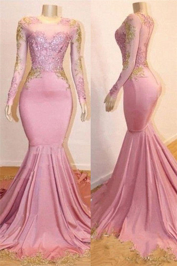 Pink Appliques Long Sleevess Prom Dresses New Arrival Gorgeous Mermaid Evening Gowns-showprettydress