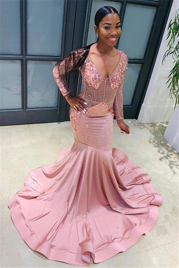 Pink Beads Sequins Chic V-neck Prom Dresses Fit and Flare Long Sleeves Elegant Evening Gowns-showprettydress