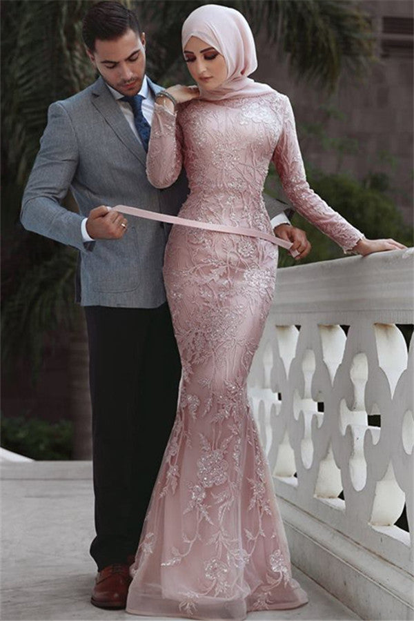 Pink Detachable Long-Sleeves Prom Dresses Appliques Lace Mermaid Evening Gowns-showprettydress