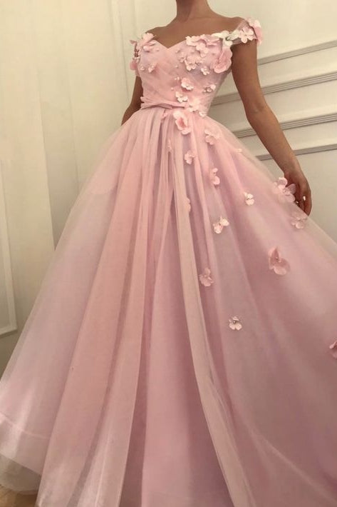 Pink Flowers A-Line Tulle Long Prom Party Gowns| Elegant Off-the-Shoulder Evening Gowns-showprettydress