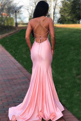 Pink Gorgeous Spaghetti Straps Criss Cross Mermaid Prom Dresses-showprettydress