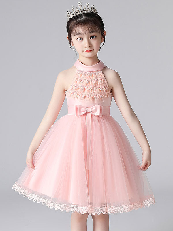 Pink Halter Neck Lace Sleeveless Short Princess Dress Bows Formal Kids Pageant flower girl dresses-showprettydress