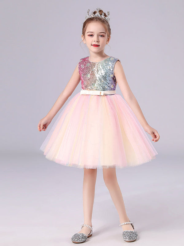 Pink Jewel Neck Polyester Sleeveless Short A-Line Tulle Sequins Kids Party Dresses-showprettydress