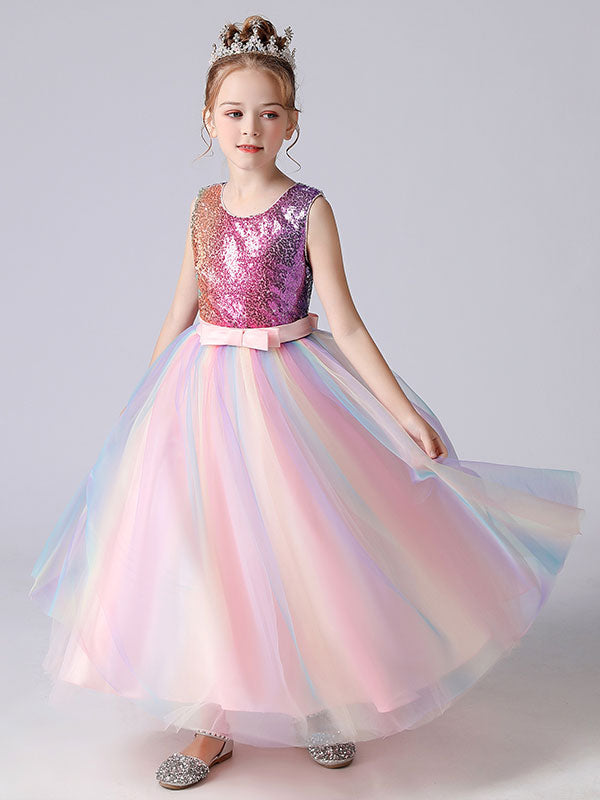 Pink Jewel Neck Sequined Sleeveless Ankle-Length Princess Dress Bows Kids Party Dresses-showprettydress