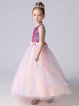 Pink Jewel Neck Sequined Sleeveless Ankle-Length Princess Dress Bows Kids Party Dresses-showprettydress