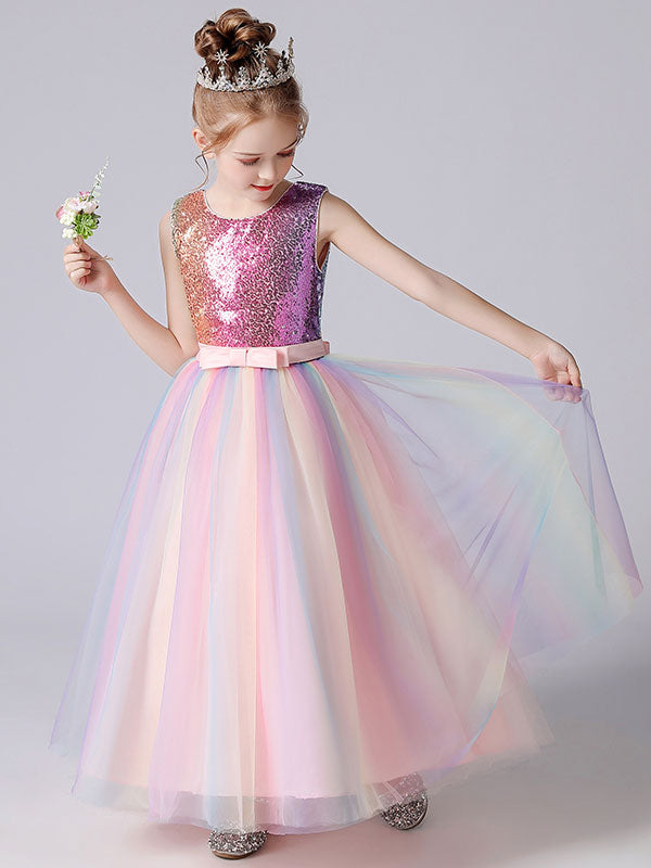 Pink Jewel Neck Sequined Sleeveless Ankle-Length Princess Dress Bows Kids Party Dresses-showprettydress