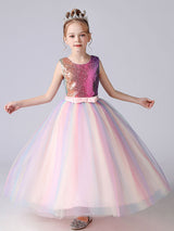 Pink Jewel Neck Sequined Sleeveless Ankle-Length Princess Dress Bows Kids Party Dresses-showprettydress