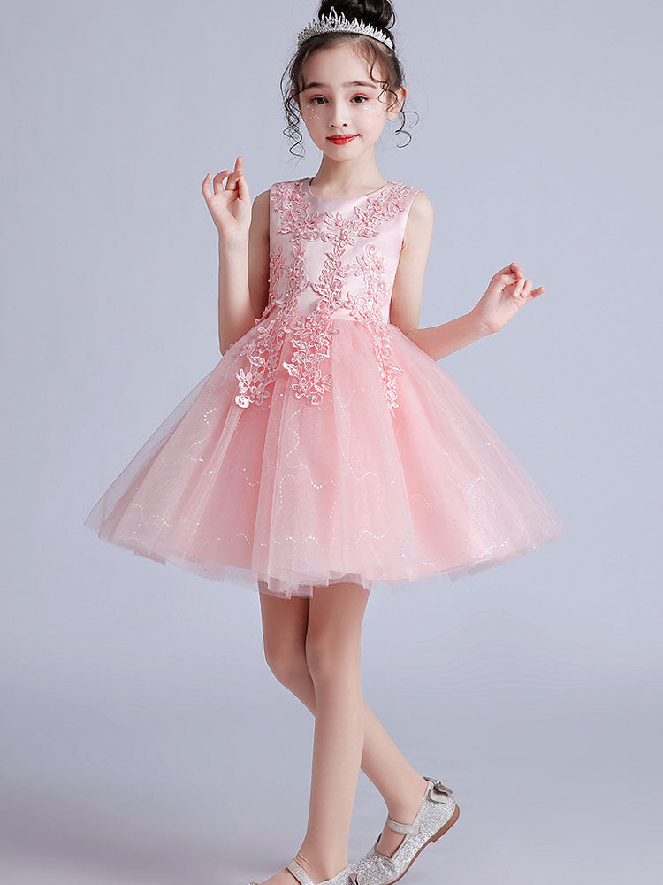 Pink Jewel Neck Short Sleeves Embroidered Formal Kids Pageant flower girl dresses-showprettydress