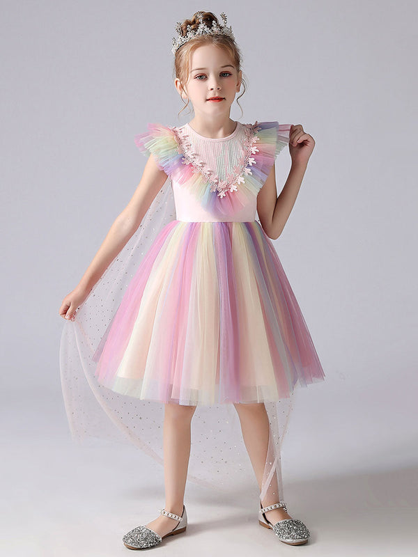 Pink Jewel Neck Short Sleeves Kids Social Party Dresses Princess Dress-showprettydress