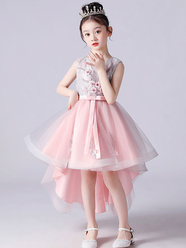 Pink Jewel Neck Sleeveless Short Princess Lace Flowers Kids Social Party Dresses-showprettydress