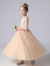 Pink Jewel Neck Tulle Lace Embroidered Kids Party Dresses-showprettydress