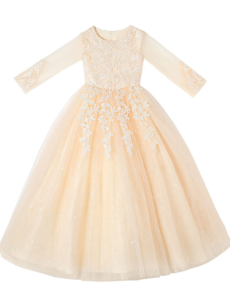 Pink Jewel Neck Tulle Lace Embroidered Kids Party Dresses-showprettydress