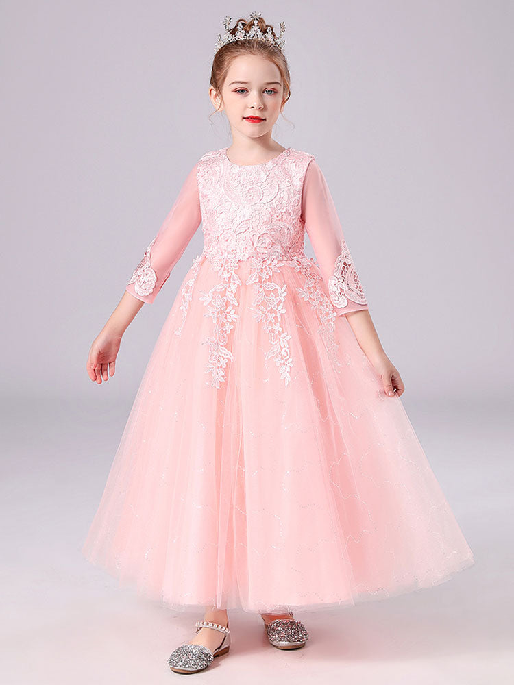 Pink Jewel Neck Tulle Lace Embroidered Kids Party Dresses-showprettydress