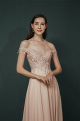 Pink Lace-up Off-the-shoulder Chiffon Formal Dress-showprettydress