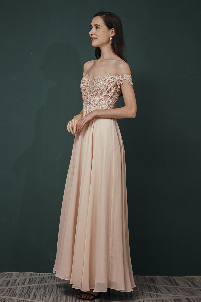 Pink Lace-up Off-the-shoulder Chiffon Formal Dress-showprettydress