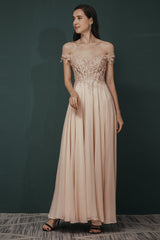 Pink Lace-up Off-the-shoulder Chiffon Formal Dress-showprettydress