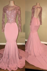 Pink Long-Sleeves Backless Beaded Mermaid Charming Prom Dresses-showprettydress