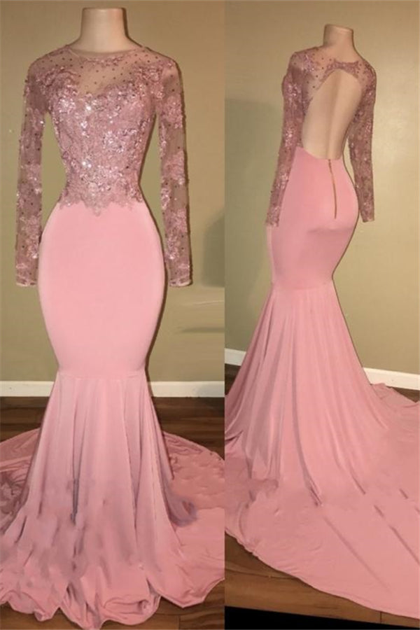 Pink Long-Sleeves Backless Beaded Mermaid Charming Prom Dresses-showprettydress