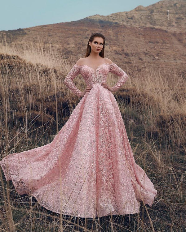 Pink Off-The-Shoulder Long-Sleeves Lace Applique Princess A-Line Prom Dresses-showprettydress