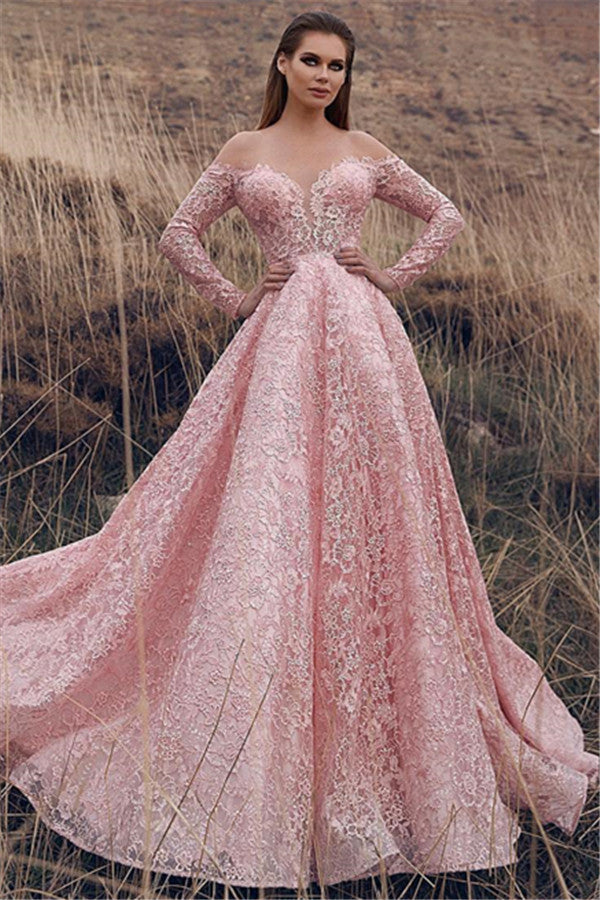 Pink Off-The-Shoulder Long-Sleeves Lace Applique Princess A-Line Prom Dresses-showprettydress