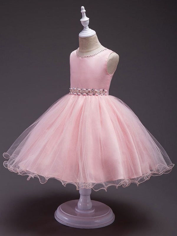 Pink Round Neck Sleeveless Tutu Dress Tulle Rhinestones Studded Girls Dinner Party Dresses-showprettydress