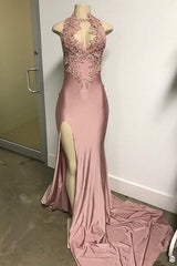 Pink Sleeveless Front Slit Appliques Long Mermaid Prom Dresses-showprettydress