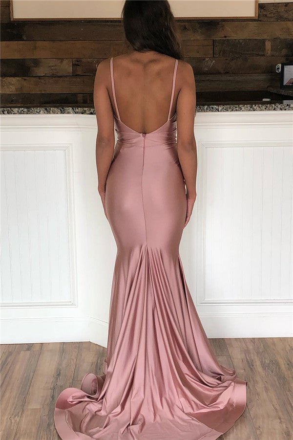 Pink Spaghetti-Straps V-Neck Backless Mermaid Prom Dresses-showprettydress