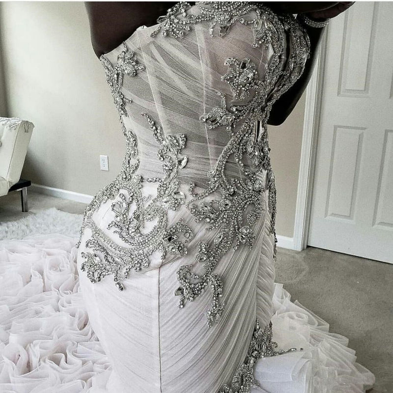 Long Sleeves Rhinestone Beadwork Grey Wedding Dress