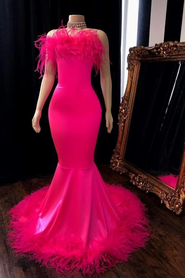 Popular Feather Sleeveless Long Mermaid Evening Dresses-showprettydress