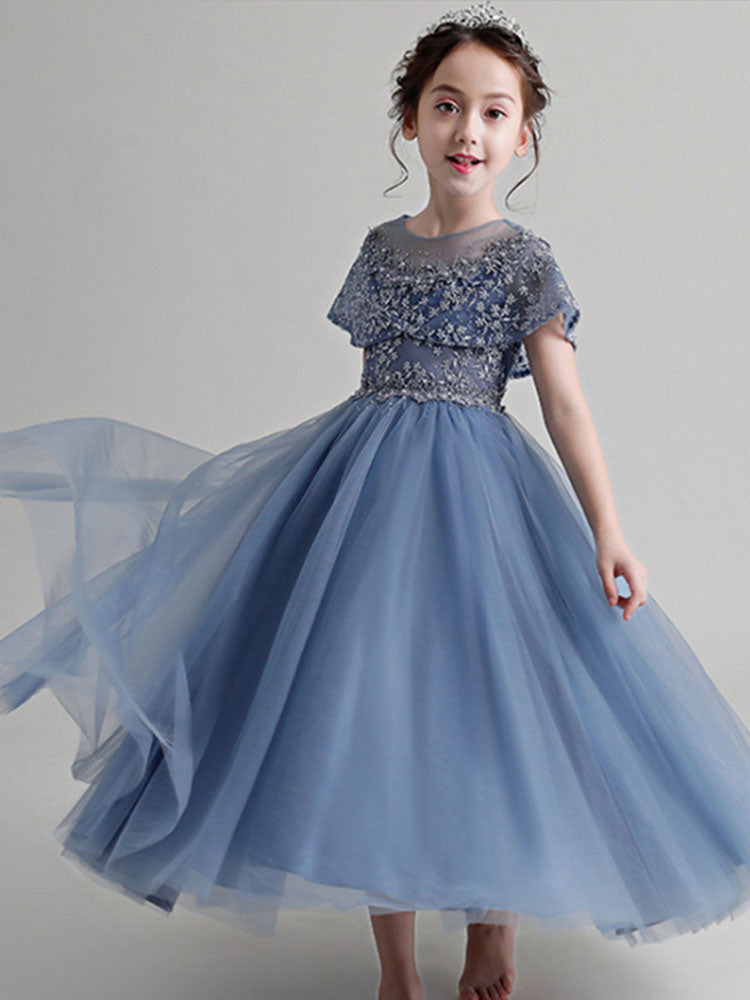 Pretty Jewel Neck Tulle Sleeveless Ankle Length Princess Embroidered Kids Party Dress-showprettydress