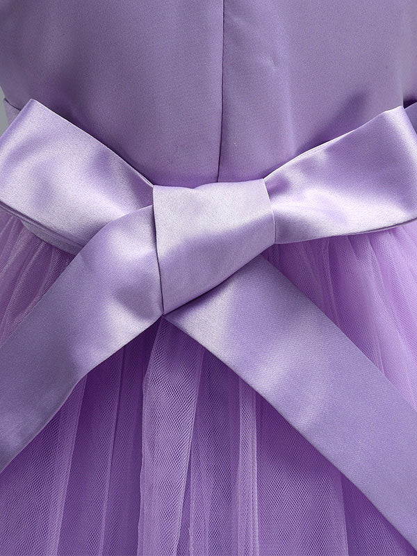 Princess Lilac Purple Lace Tulle Ribbon Bows Kids Tutu Party Dress-showprettydress