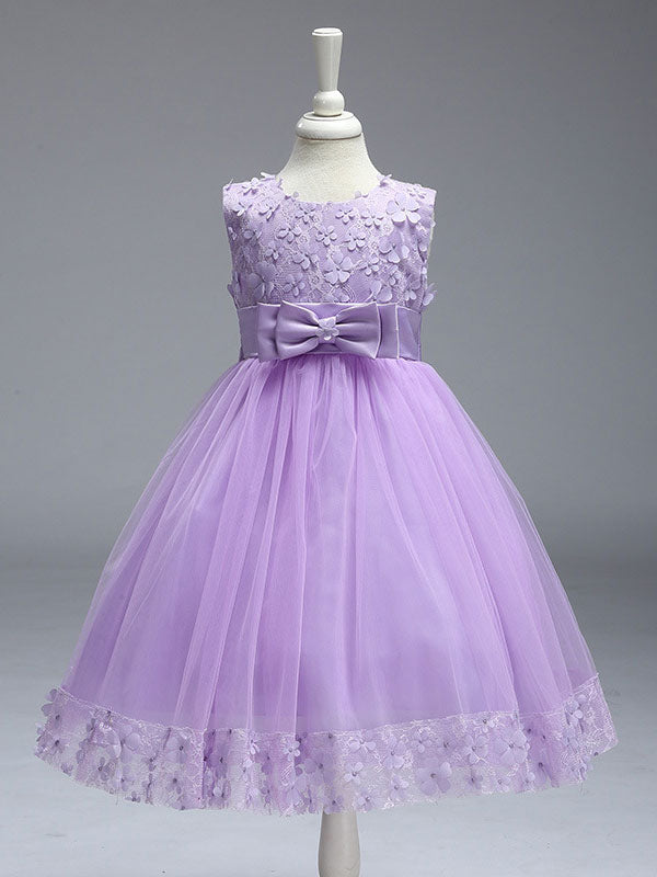 Princess Lilac Purple Lace Tulle Ribbon Bows Kids Tutu Party Dress-showprettydress