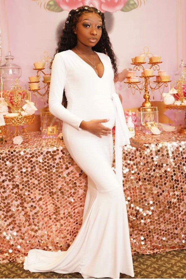 Pure White V-neck Mermaid Pregnant Formal Dresses with Sleeves-showprettydress