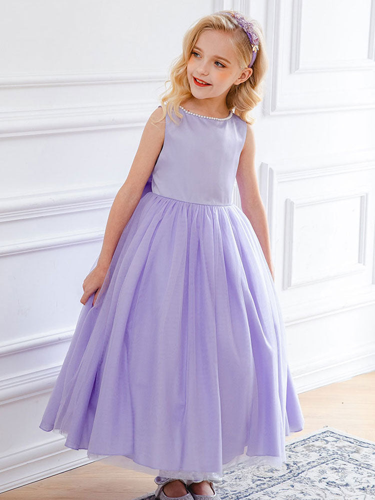 Purple Jewel Neck Sleeveless Polyester Tulle Beaded Kids Social Party Dresses-showprettydress