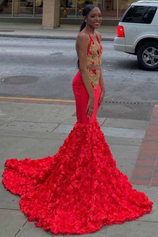 Red Halter Appliques 3D-floral Sweep Train Mermaid Prom Dresses-showprettydress