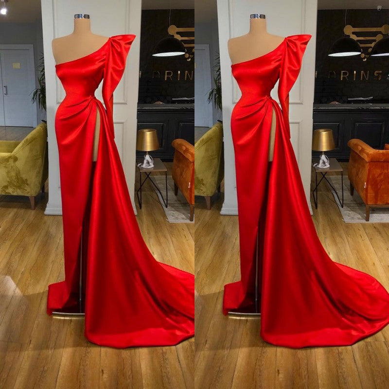 Red Long Mermaid One Shoulder Front Slit Evening Dress with Bubble Sleeves-showprettydress