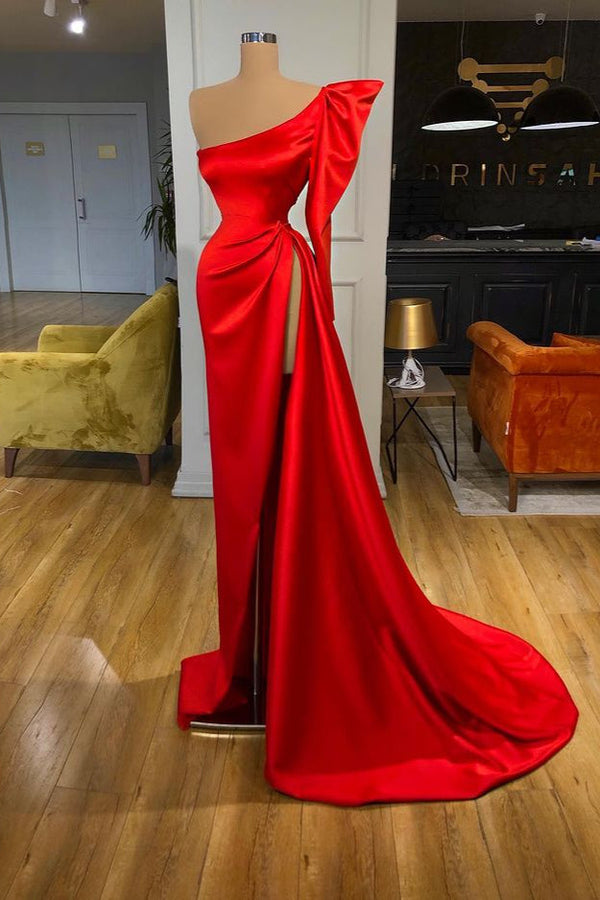 Red Long Mermaid One Shoulder Front Slit Evening Dress with Bubble Sleeves-showprettydress