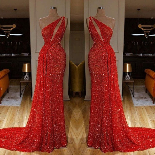 Red Long Mermaid One Shoulder Sequins Prom Dresses-showprettydress